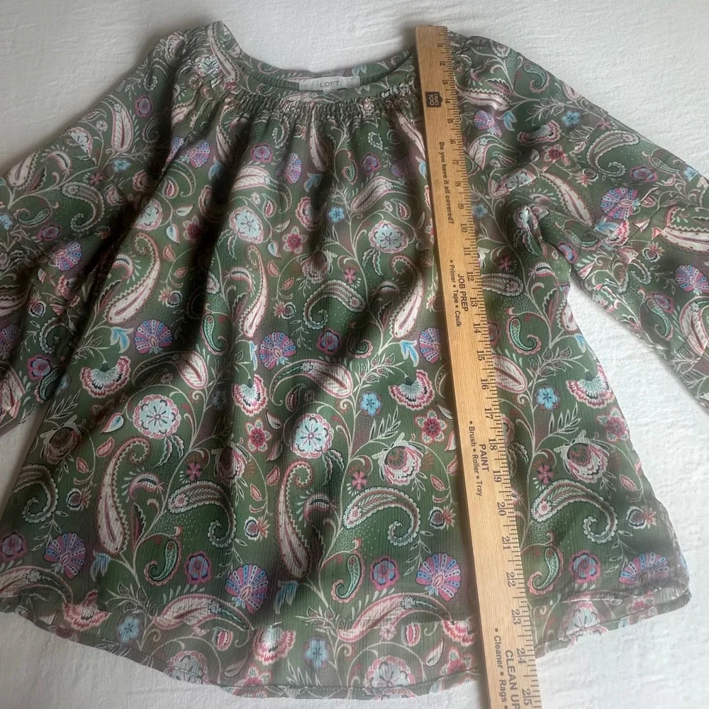 LOFT‎ Green Paisley Boho Smocked Neck Puff Sleeve Blouse Floral Top Women Size L